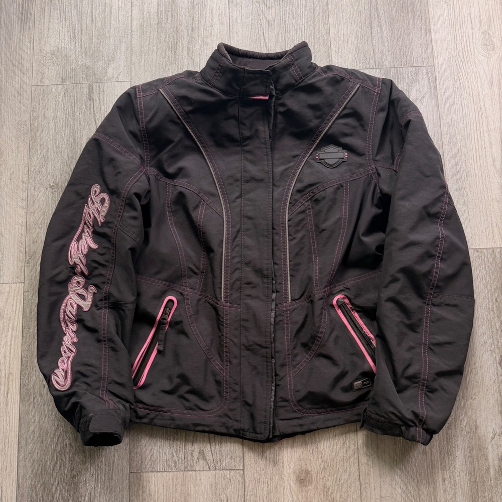 Y2K Harley-Davidson Womens M Black Pink Riding Jacket Embroidered HD Wings cute